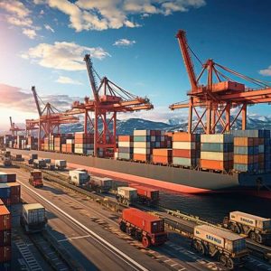 world of shipping transports. Depict a bustling port with cargo ships of various sizes and types, loading and unloading goods by cranes.Generated with AI